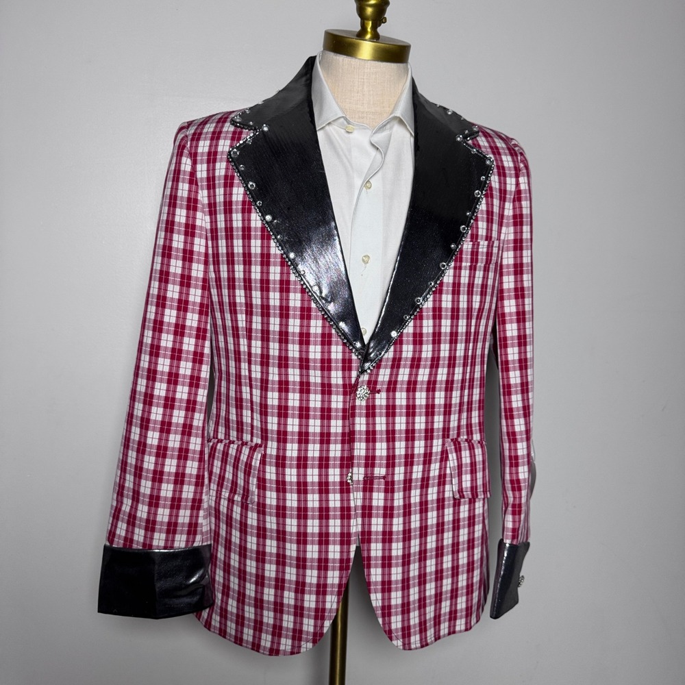 Alexander Scott Blazer Mens 40R Red White Plaid Metallic Rhinestone Stage Wear